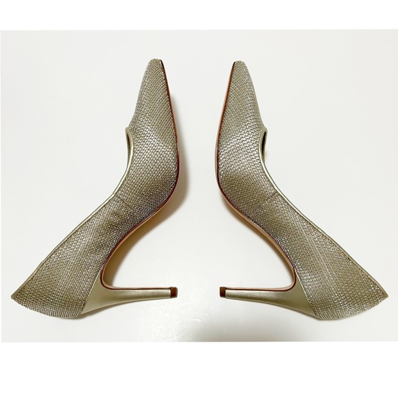 Enzo Angiolini NWOB Gold Leather Pointed Toe Pumps With Metallic Mesh Overlay 7M - Picture 5 of 10